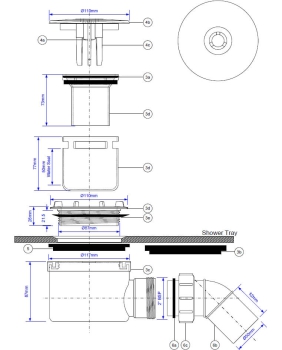 Preview: Technische Zeichnung eines Duschablaufs Ø90 mm mit 90 mm Bauhöhe. Dargestellt ist der komplette Aufbau des Ablaufs mit Ablaufdeckel, Geruchsverschluss, Dichtungen, Ablaufgehäuse und Anschlussbogen. Alle Einzelteile sind mit Maßen wie Durchmessern, Höhenan